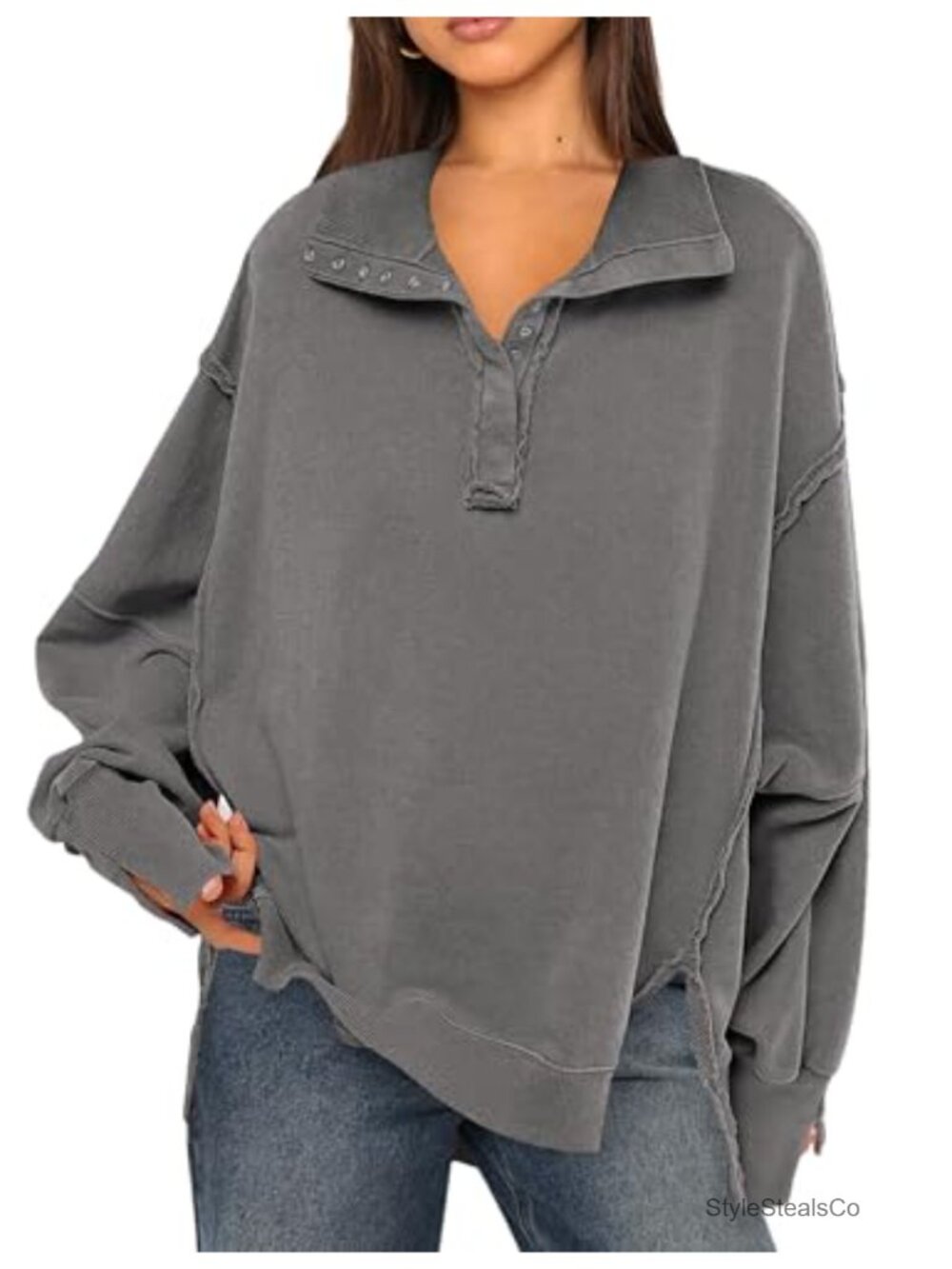 Oversized Button Henley Neck Hoodie Long Sleeve Pullover Sweatshirt